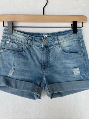 7 For All Mankind Light Blue Distressed Cuffed Denim Shorts